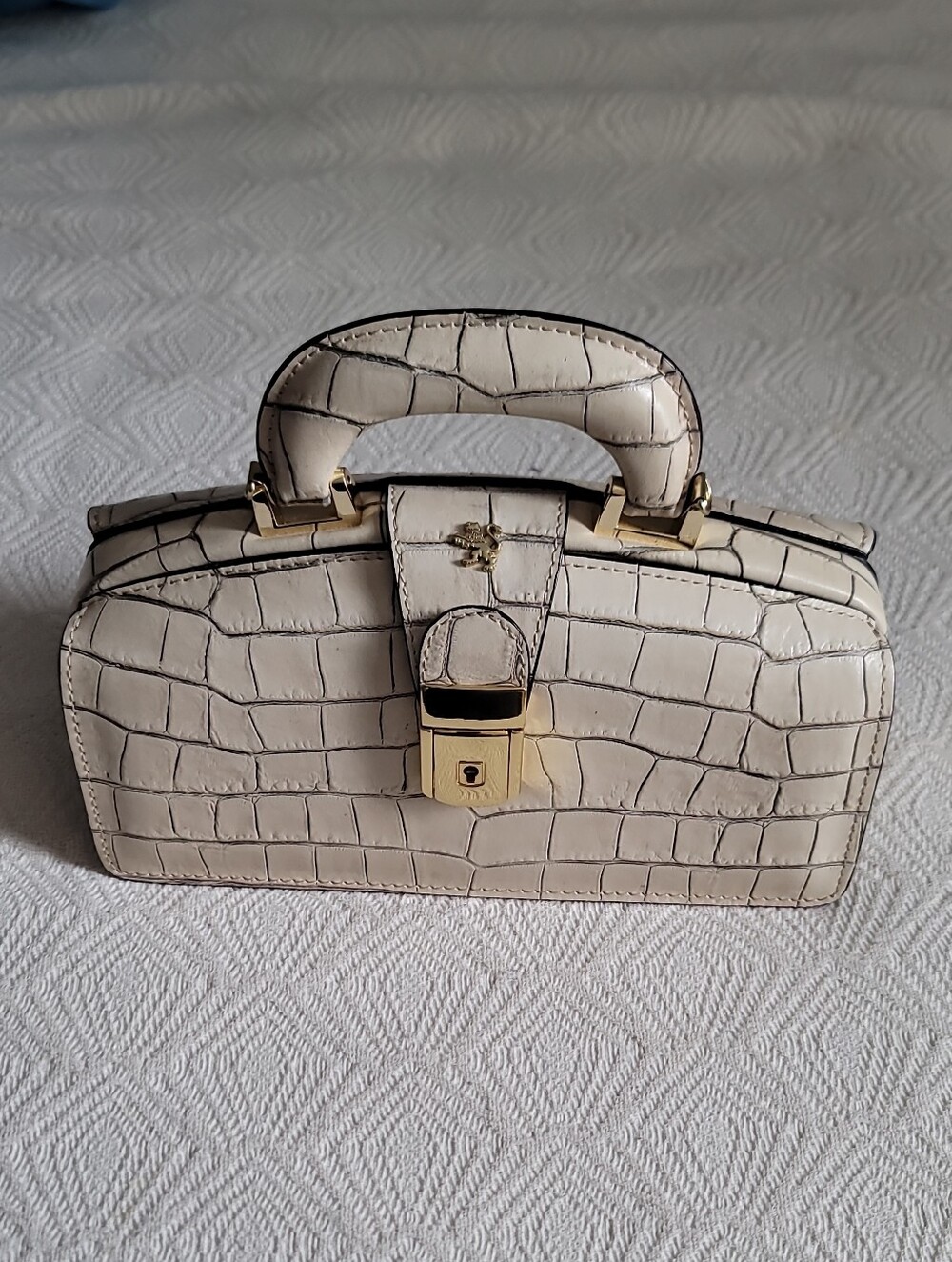 Croc-Embossed Cream Top-Handle Satchel with Gold Lock Lady Dr Bag